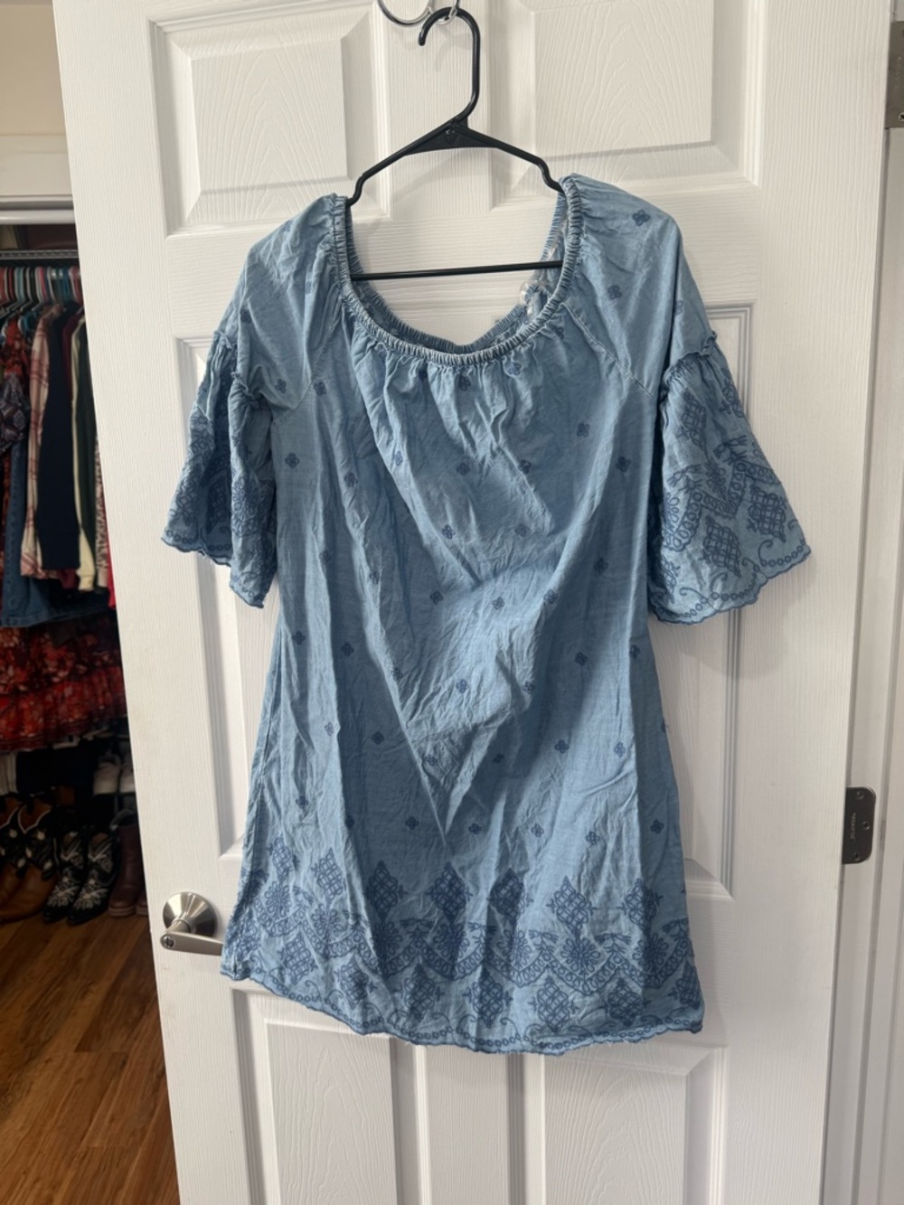 Blue Embroidered off the shoulder Women’s dress